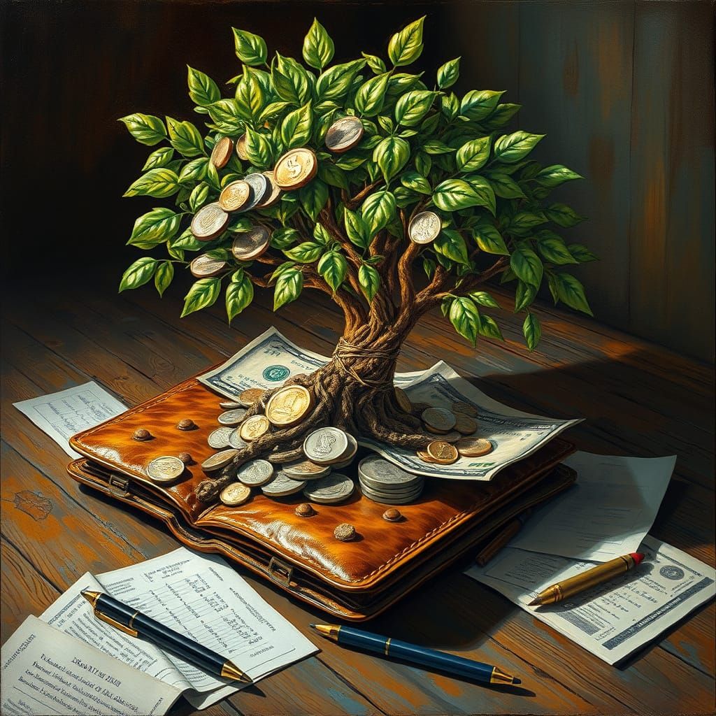 Money Tree Sprouts From Wallet in Surrealist Style