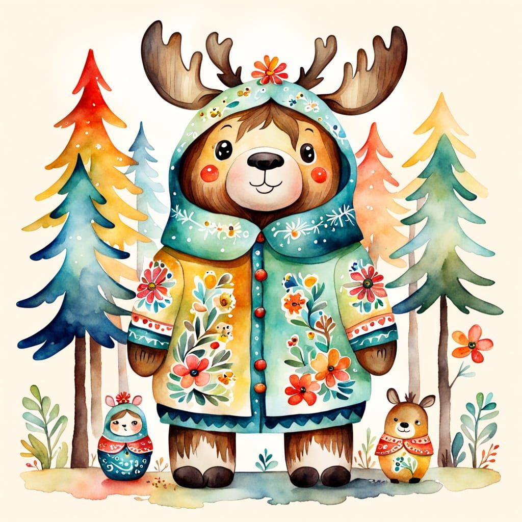 Whimsical Matryoshka Moose Toy Watercolor Sketch