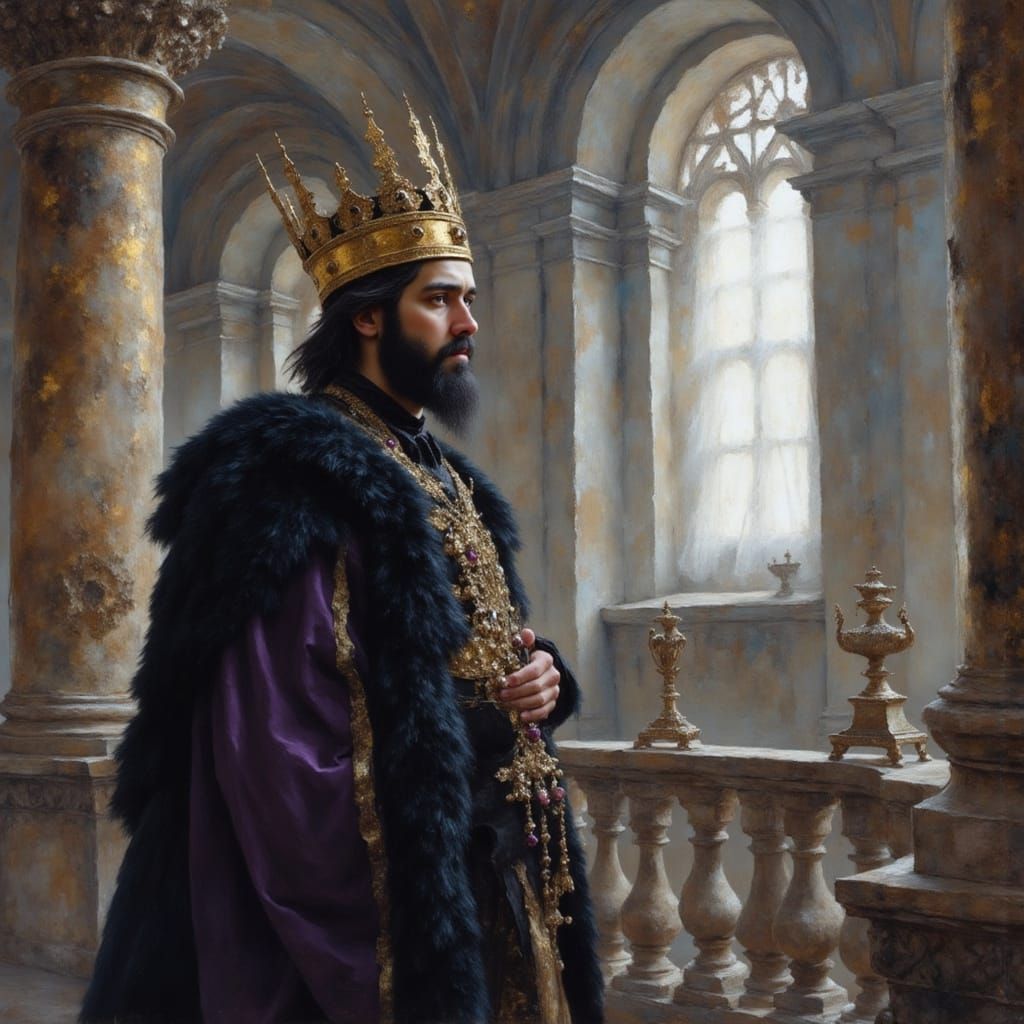 King in Castle Chamber: Hyperrealistic Oil Painting