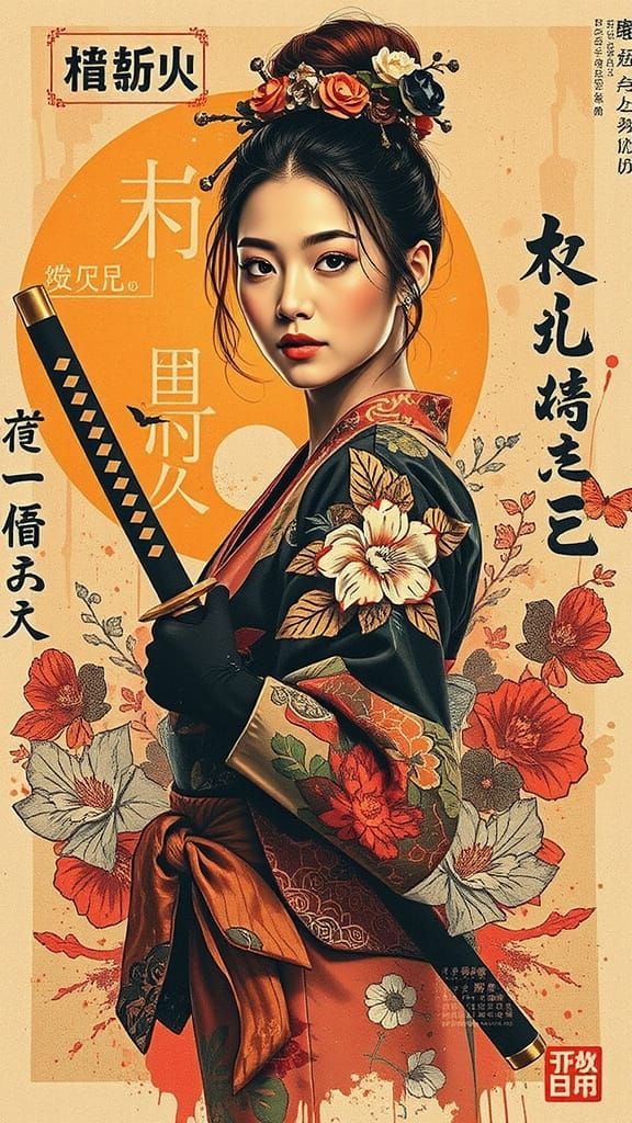 Redhead Samurai Woman in Floral Kimono with Katana