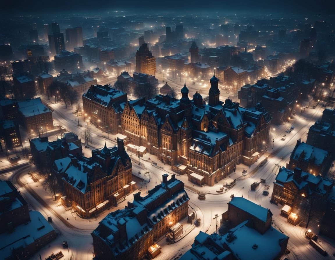 Snowy Steampunk Cityscape at Night: Aerial View