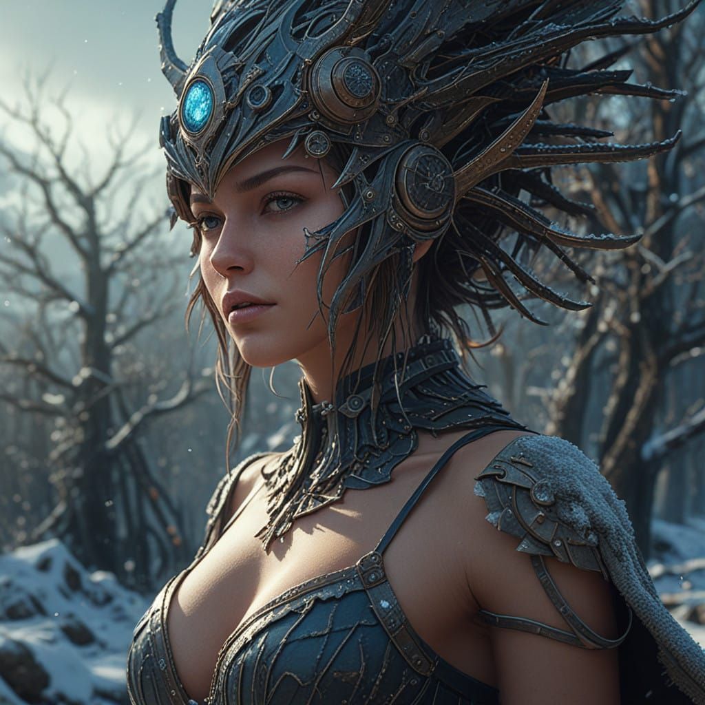 Glowing Diamond Goddess Emerges from Snowy Forest in Etherea...