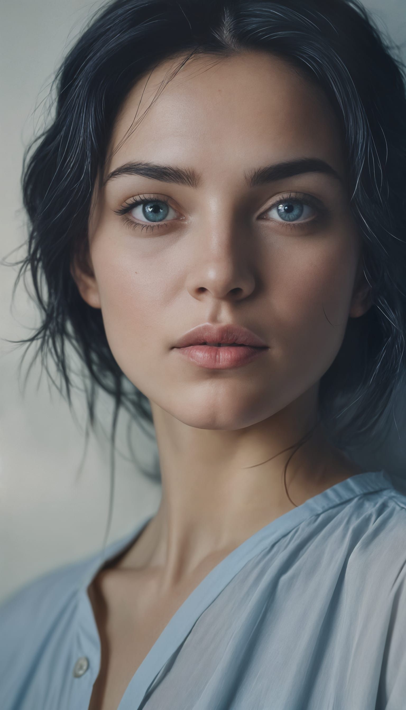 Intense Portrait of a Black-Haired Woman in Soft Focus
