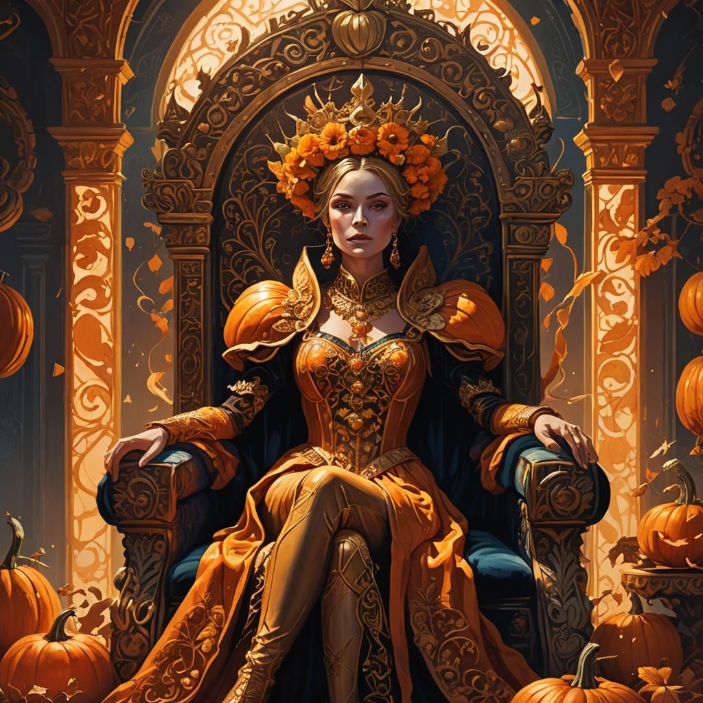 The Pumpkin Queen on Her Throne: Cel-Shaded Anime Art