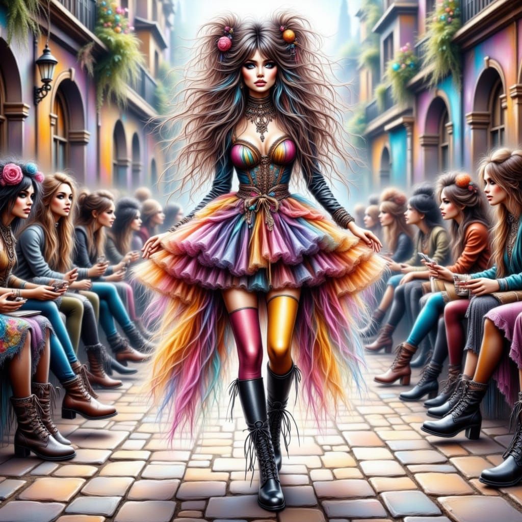 Bohemian Fashion Model Struts the Runway in Whimsical Coutur...