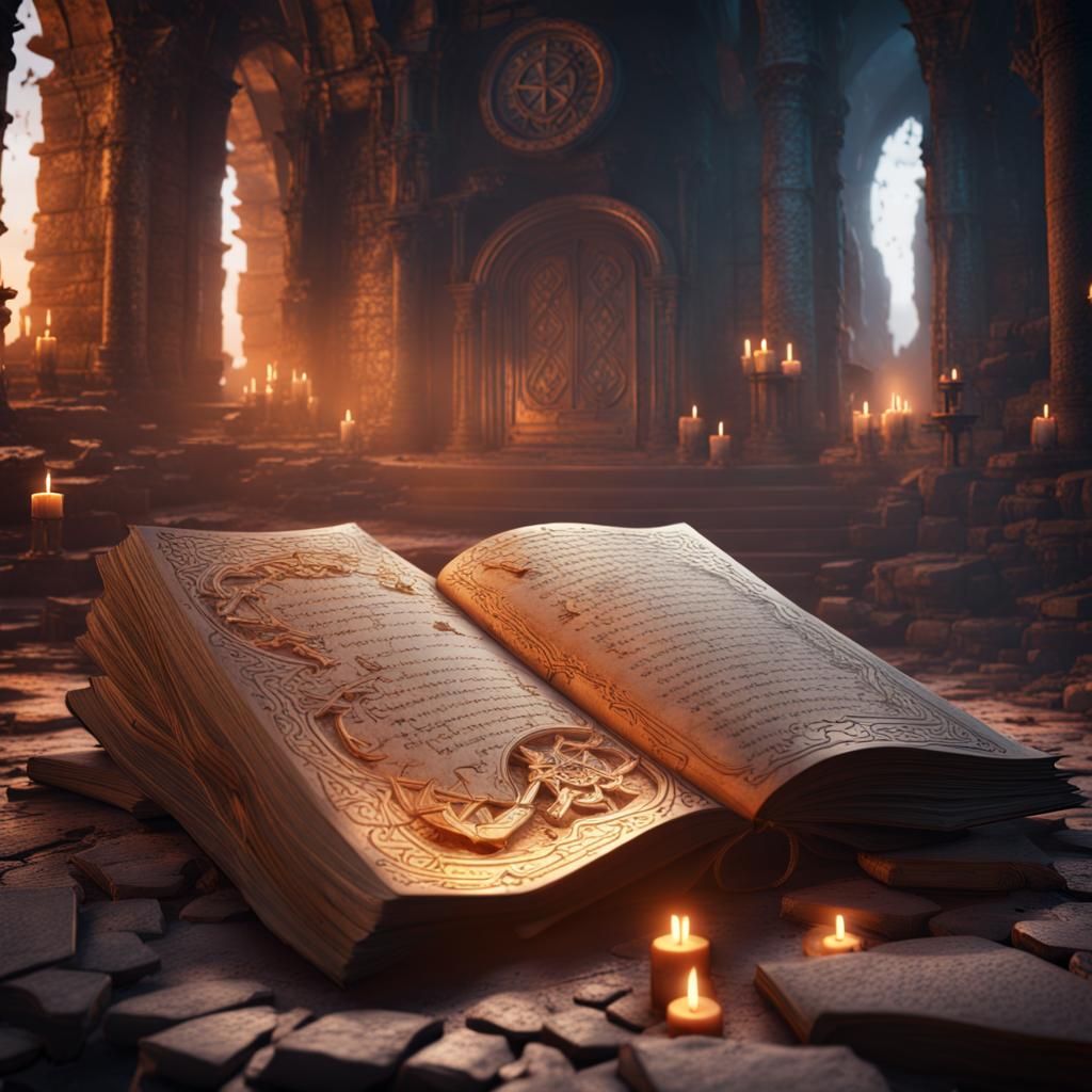 Glowing Runes on Open Book in Ruins