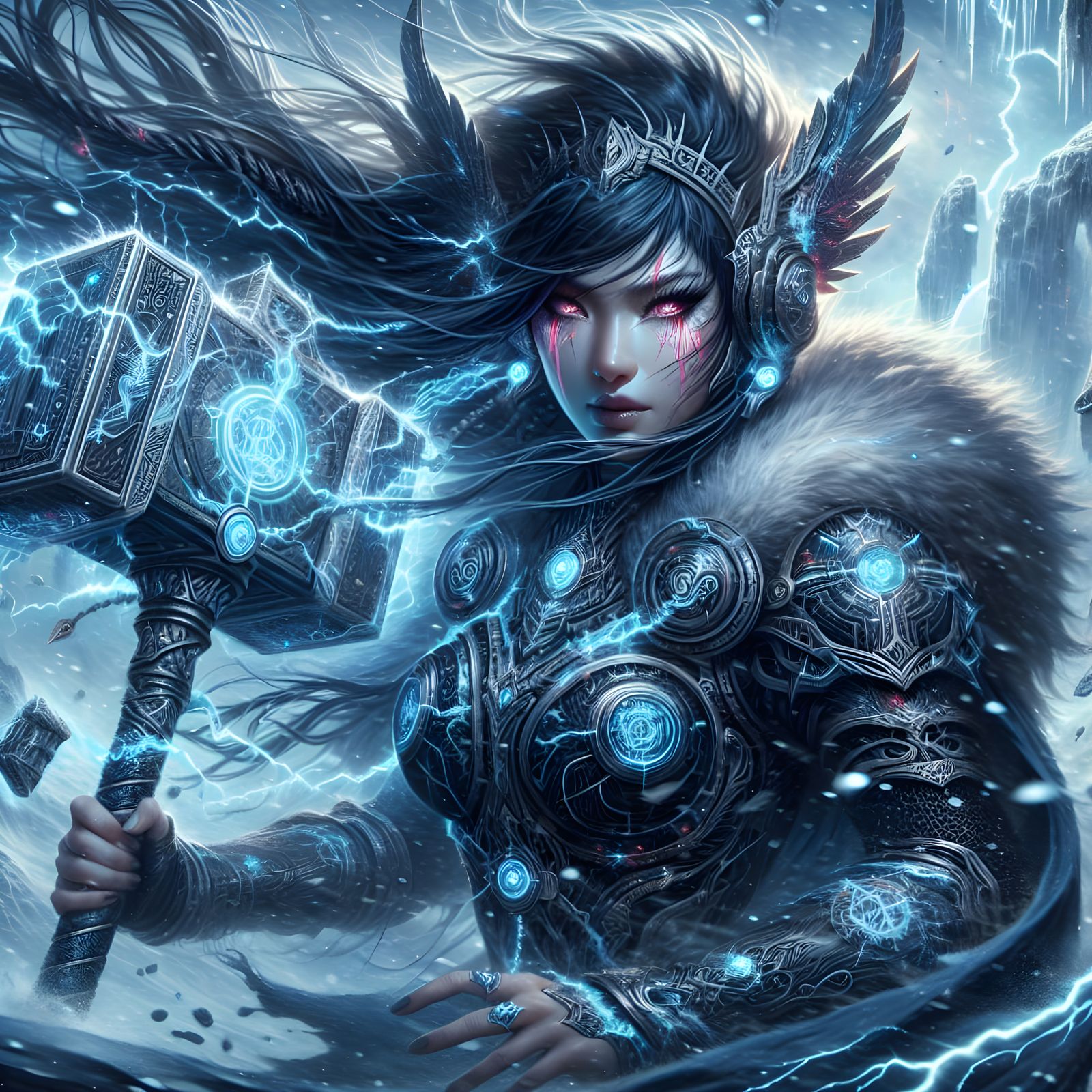 Norse Valkyrie with Hammer in Stormy Landscape