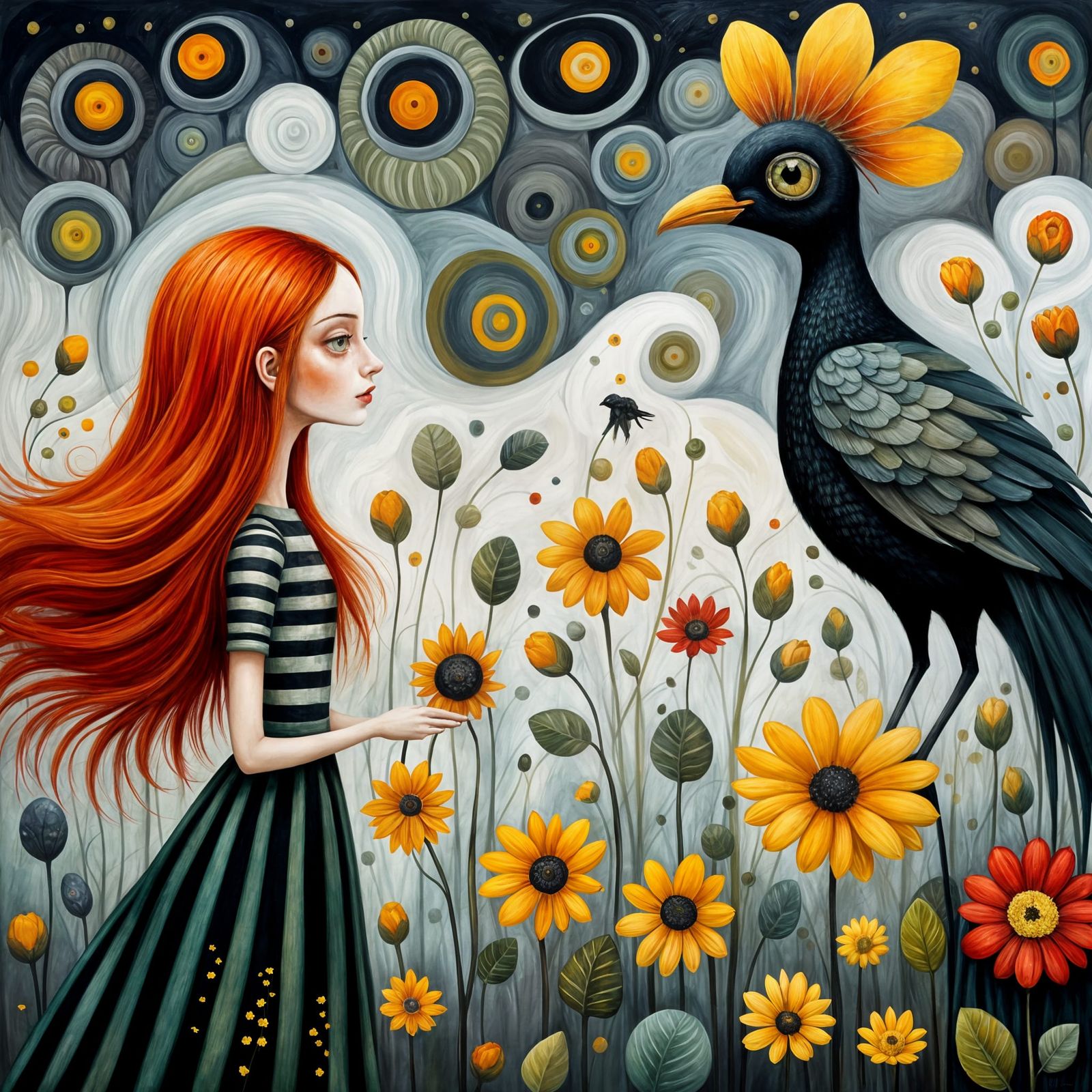 Whimsical Woman and Bird in Stylized Landscape