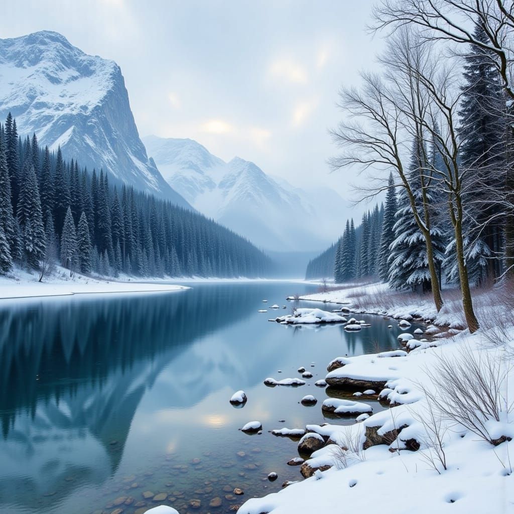 Winter Lake Landscape in Divine Oil Style