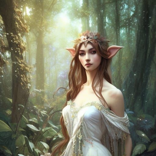 Enchanting Forest Elf Queen Portrait in Art Nouveau Style