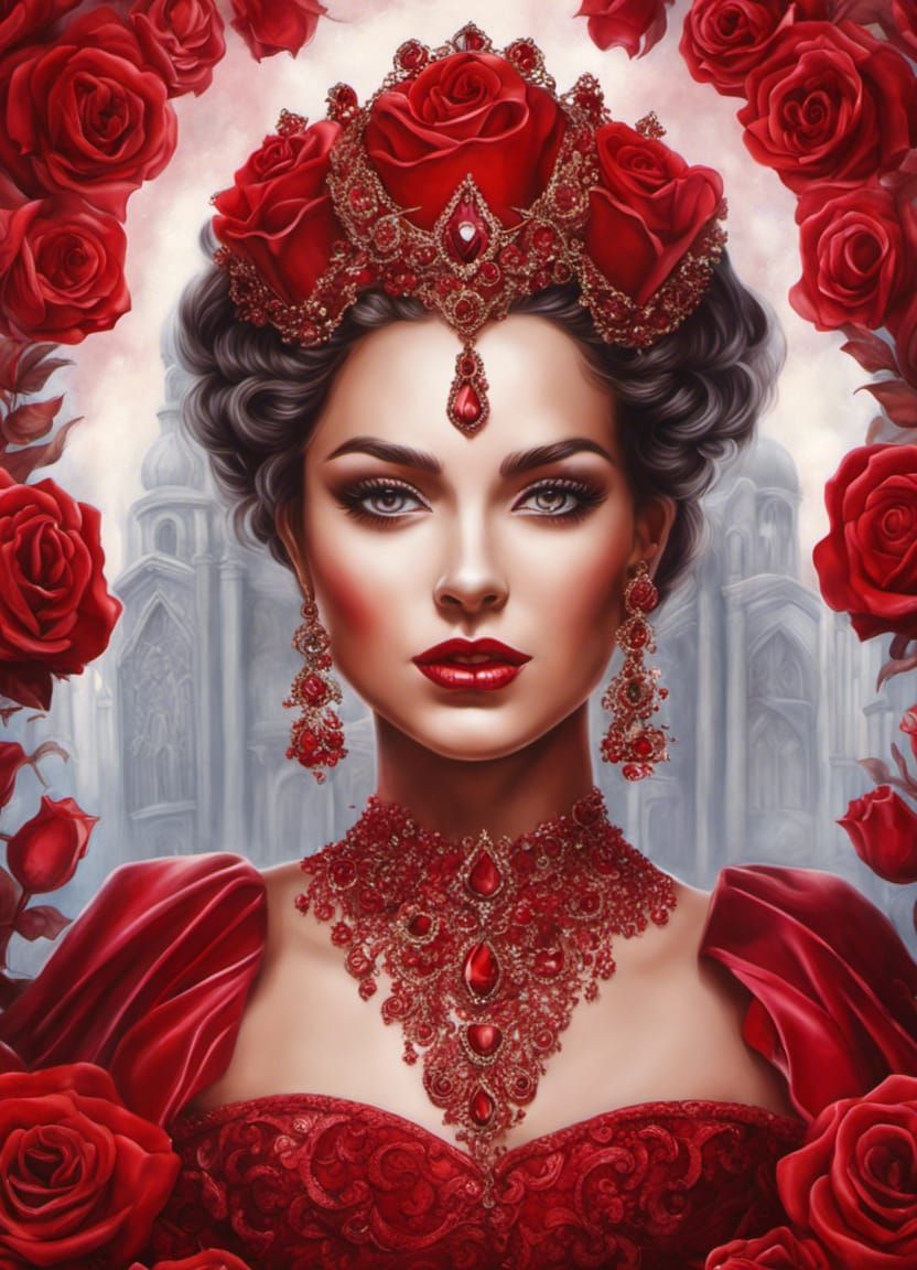 Surreal Ruby Red Queen Portrait in Intricate Airbrush Style