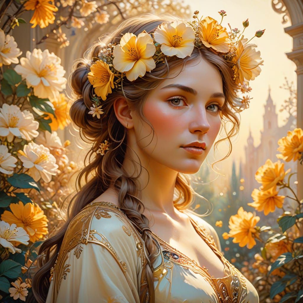 Goddess of Flowers in an Alphonse Mucha Style
