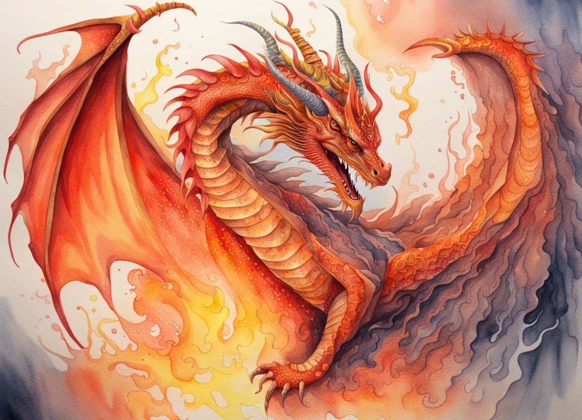 Detailed Watercolor Painting of a Fire Dragon