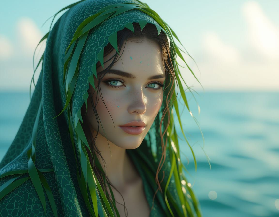 Ocean Woman in Seaweed Robes: 3D Rendered Portrait