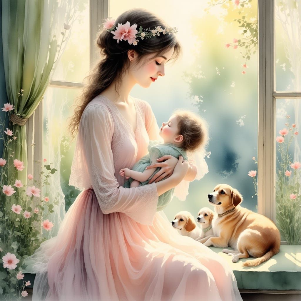 Ethereal Mother's Day Scene in Art Nouveau Style