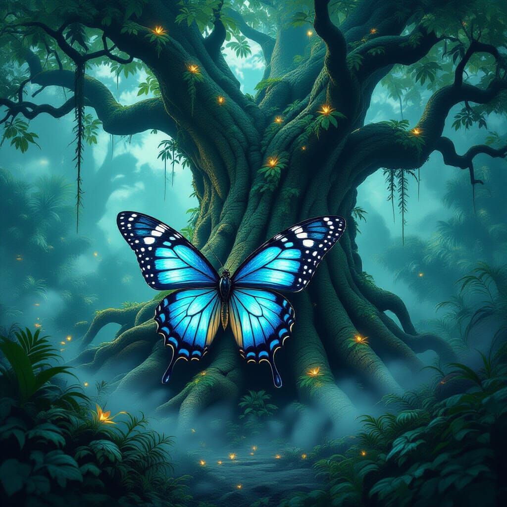 Giant Bioluminescent Butterfly on Alien Tree