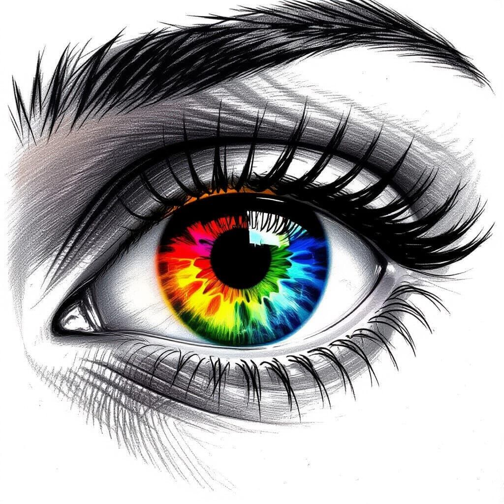 Black and White Eye with Vibrant Rainbow Iris Sketch