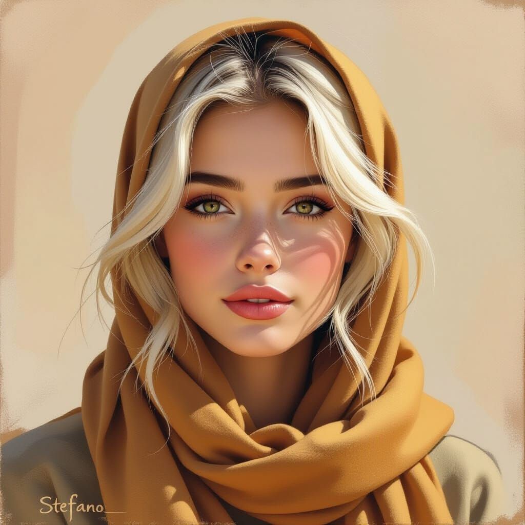 Classical Oil Portrait of Woman with White Hair and Freckles