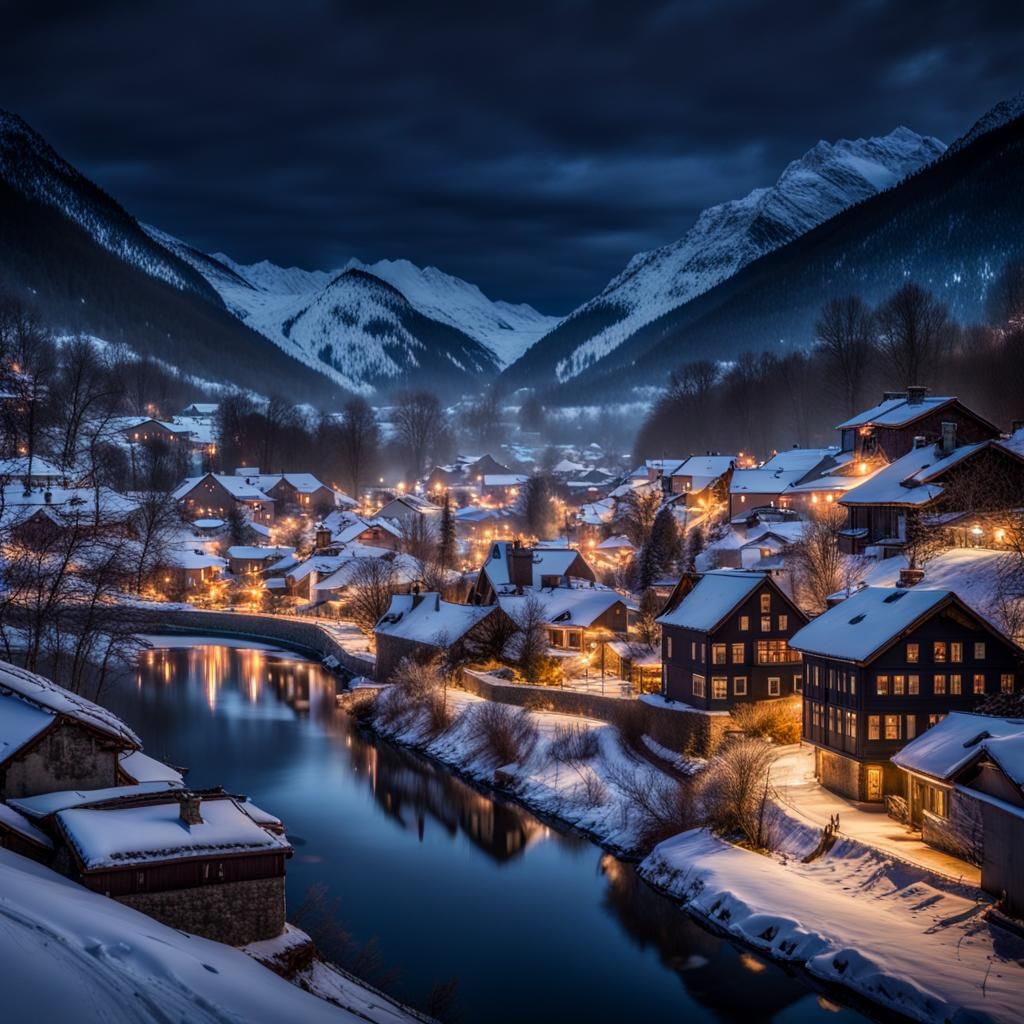 Winter Village River View at Night