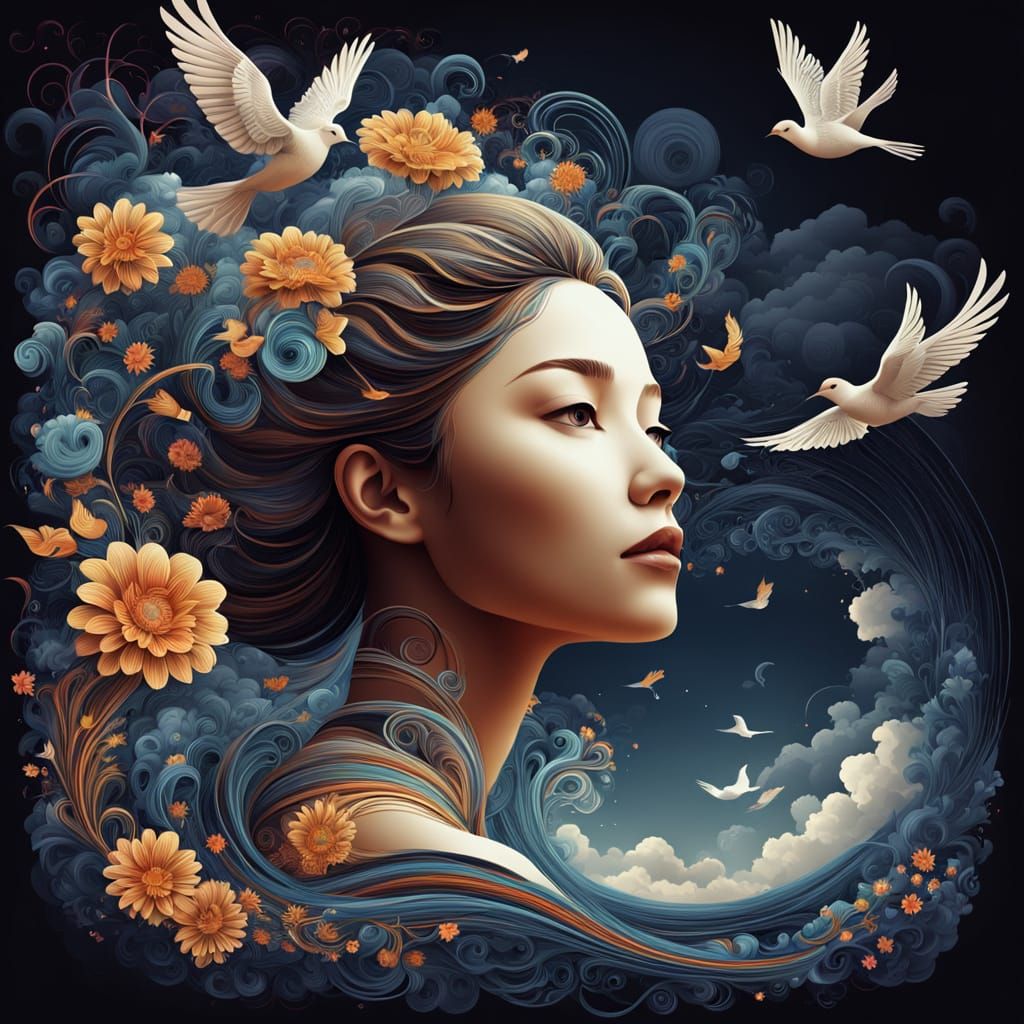 Mystical Female Figure Ascends into Celestial Realm