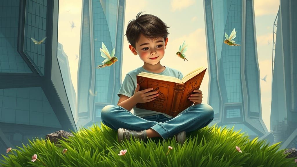 Boy Reads Ancient Book in Futuristic Cityscape