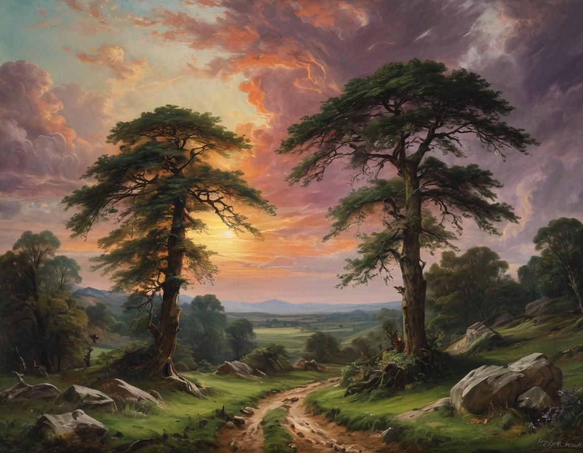 Mystical Mountain Landscape Oil Painting with Sunset