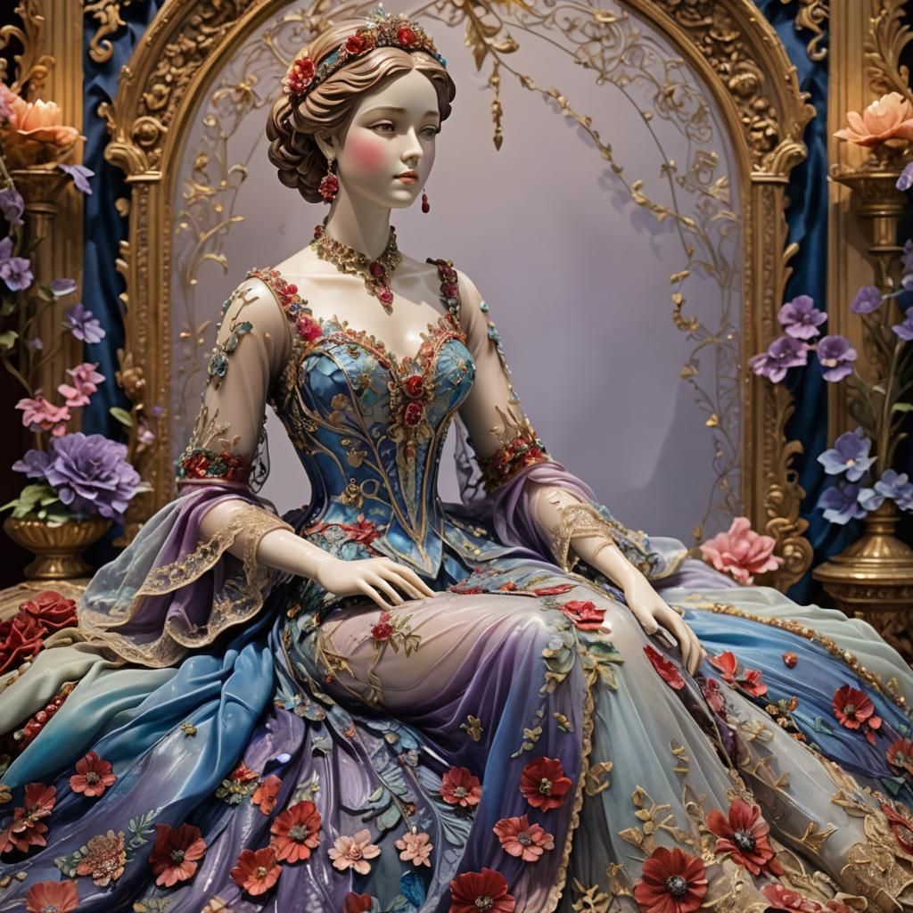 Enameled Glass Statue of Woman in Opulent Setting