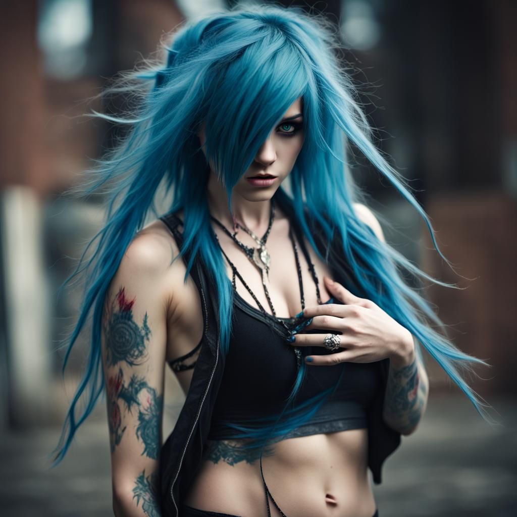beautiful blue haired emo teen long messy hair with huge breast and destroyed clothing getting ripped apart by a huge de...