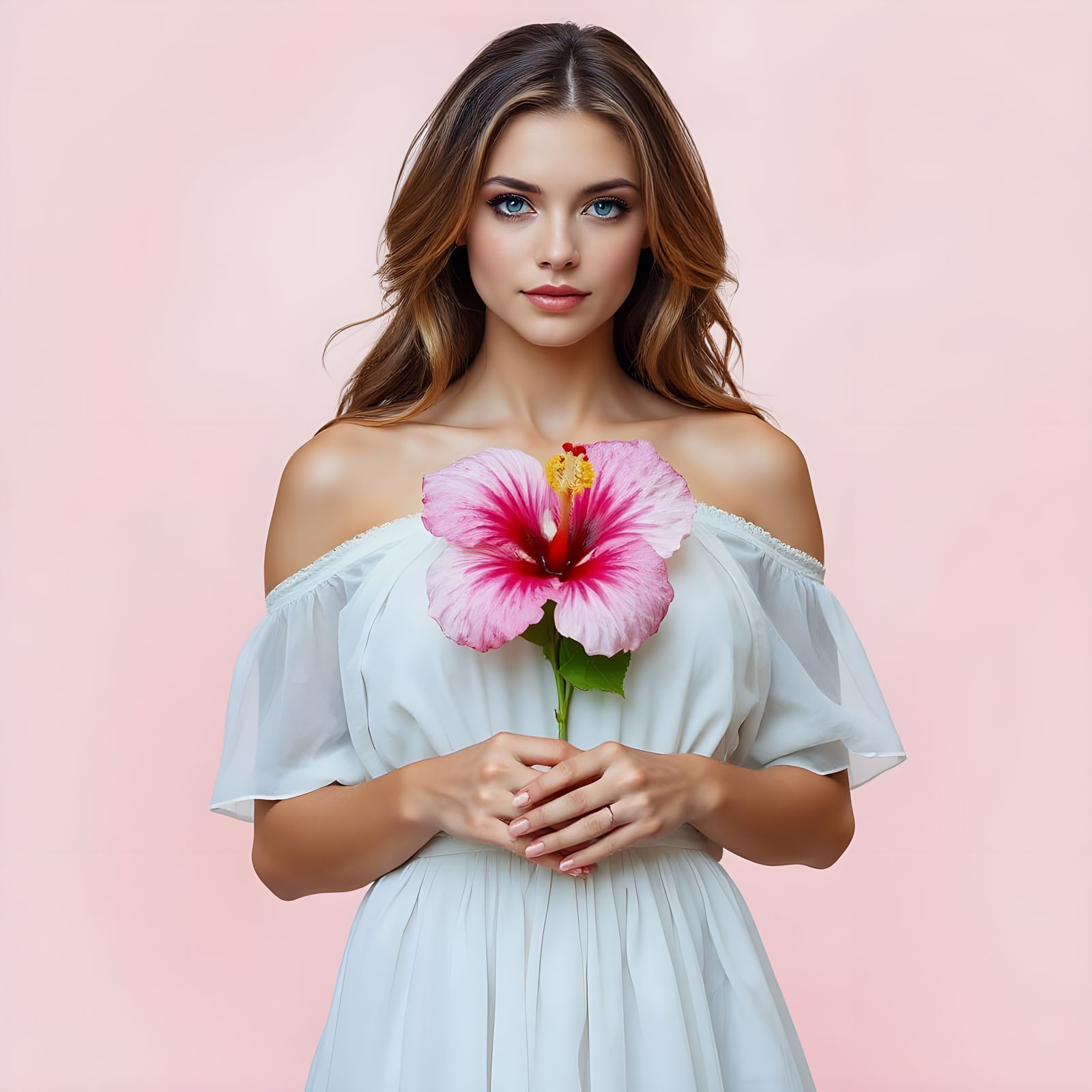 Woman with Hibiscus Flower Portrait in Vibrant Colors