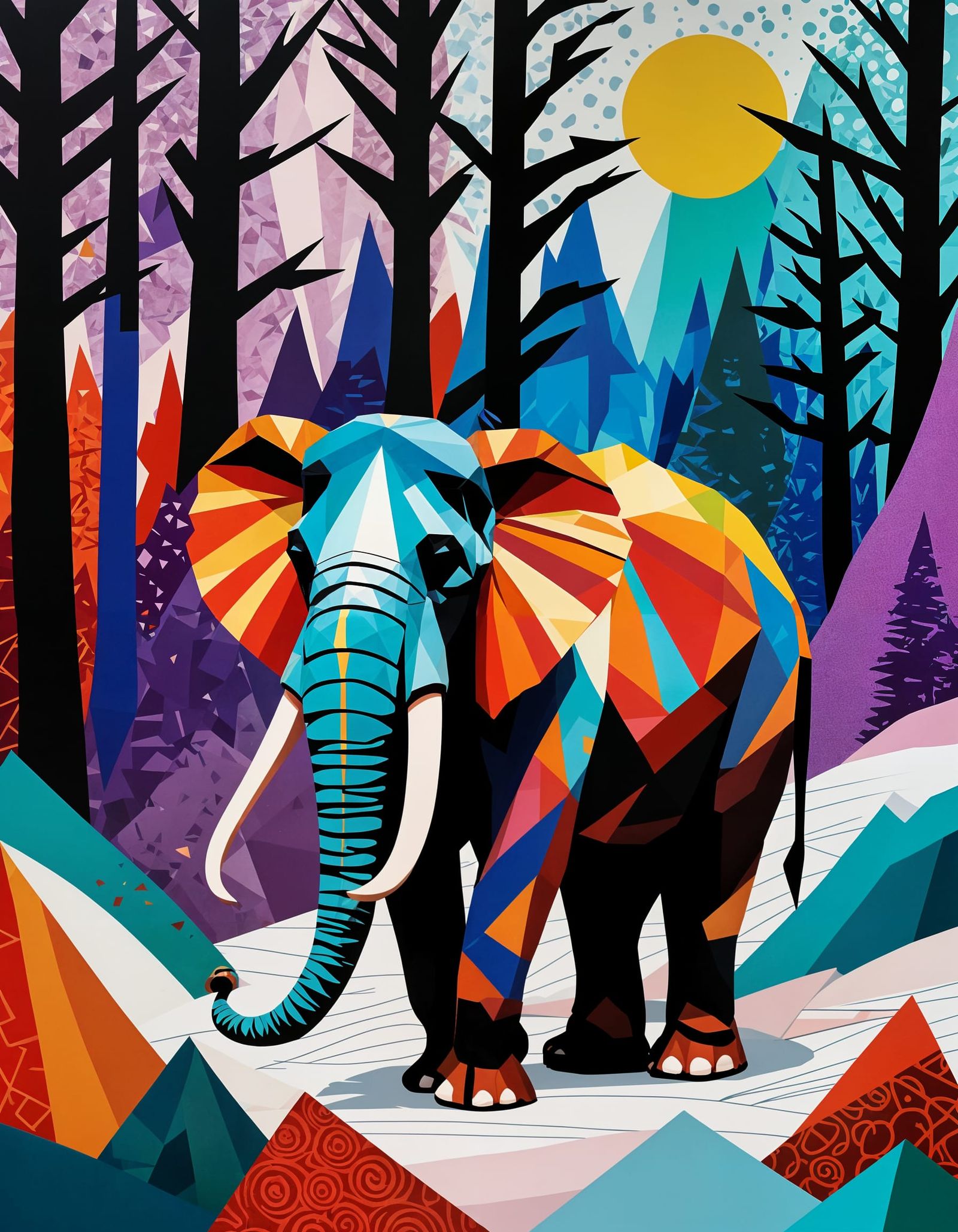 Woolly Mammoth Assemblage in Prismatic Snowy Forest