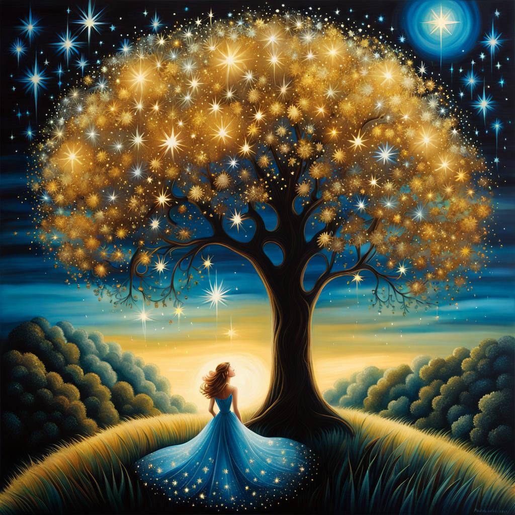 Woman in Iridescent Dress by Magical Tree