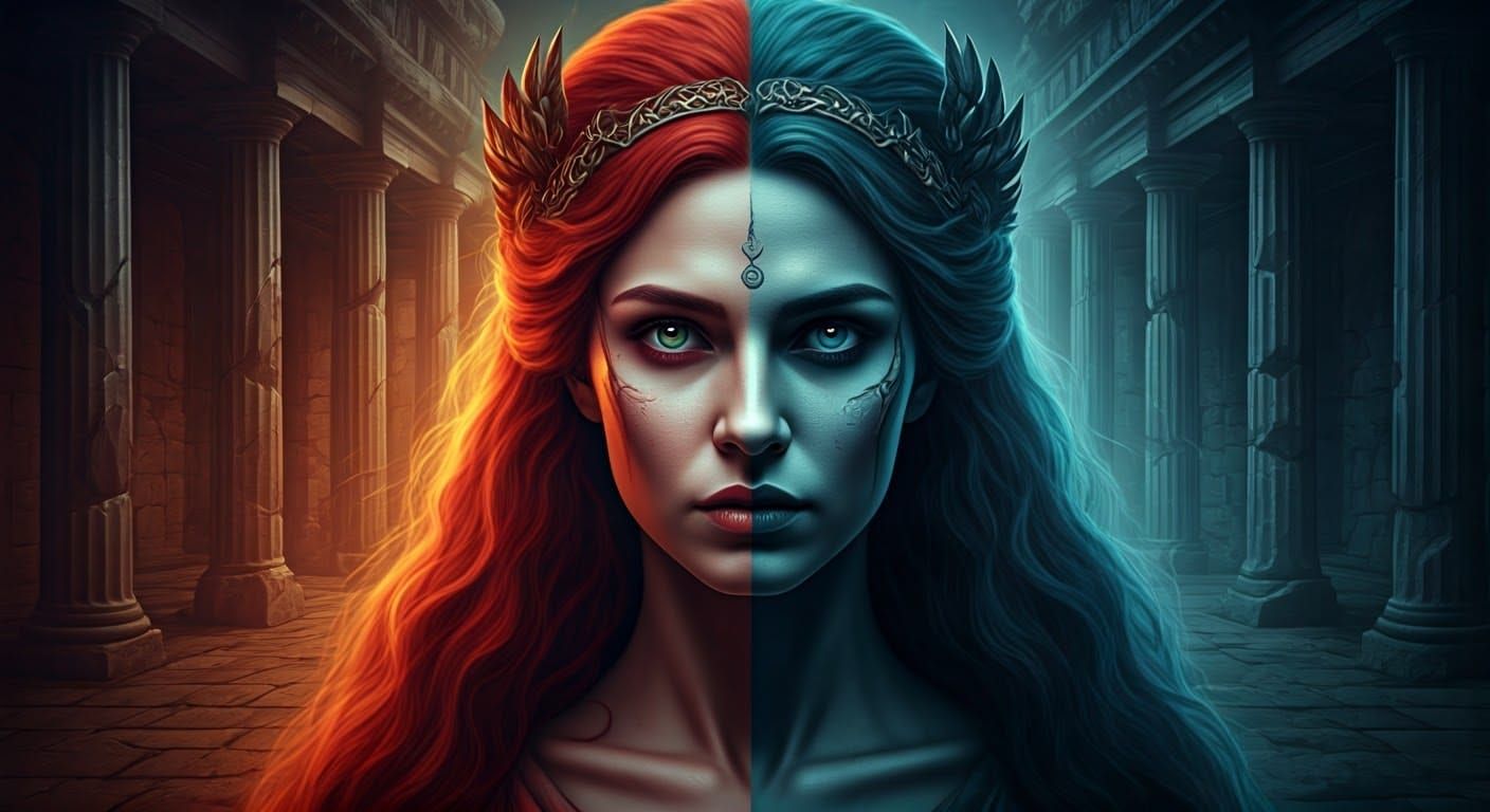 Serene and Ominous Persephone in Ancient Greek Temple