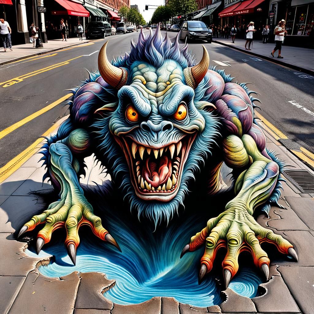 Grotesque Monster Bursting From Ground: 3D Pavement Art
