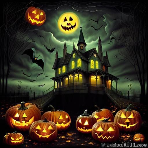 Surreal Haunted House with Jack-o'-Lanterns as Oil Painting