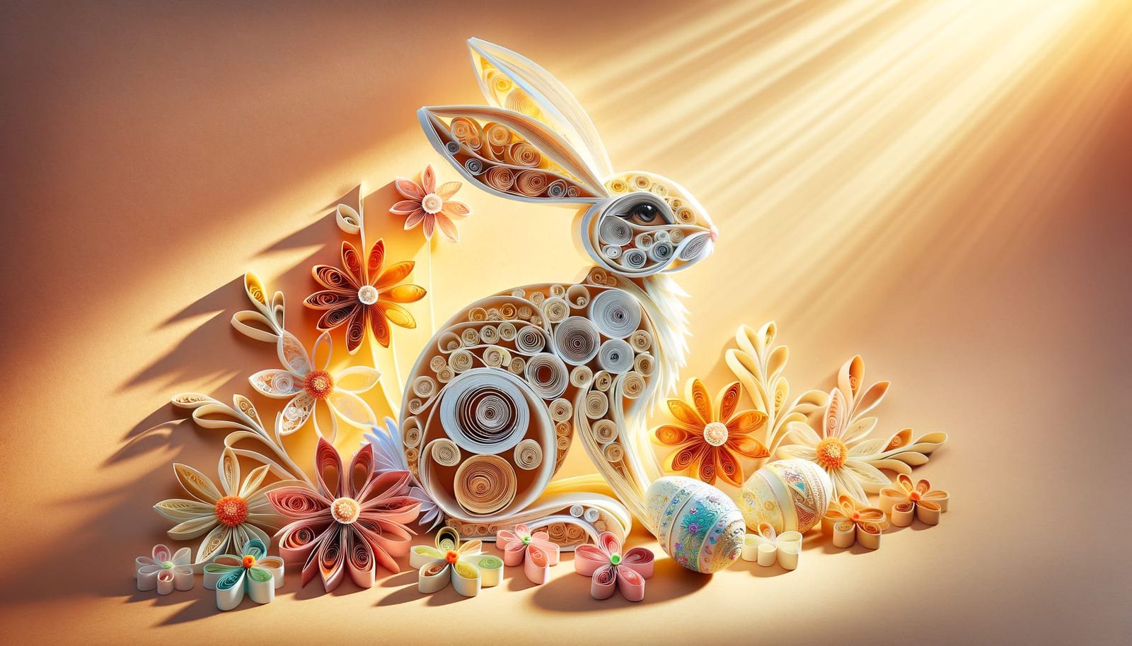 Whimsical Quilling Bunny Sits Amidst Easter Flowers and Eggs...
