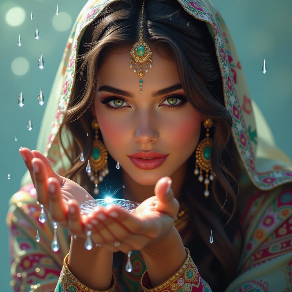 Hyperrealistic Woman with Water Droplets in Ornate Clothing