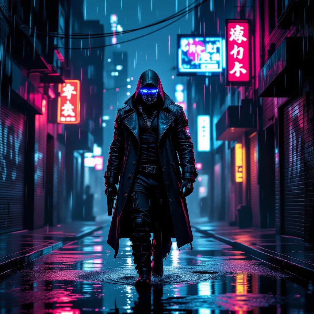 Cyberpunk Mercenary in Neon Alleyway Digital Painting