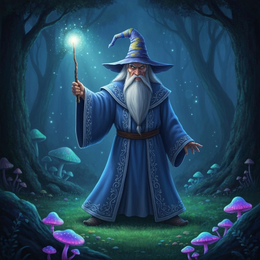 Wizard in Blue Robe with Sock Hat, Fairy Tale Style