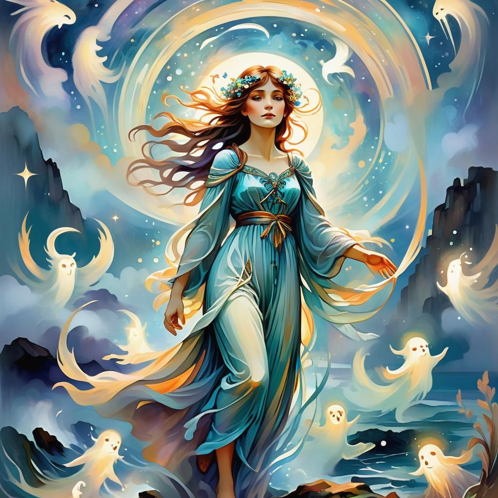 Folk Illustration with Will-o'-the-Wisps in Mucha Style