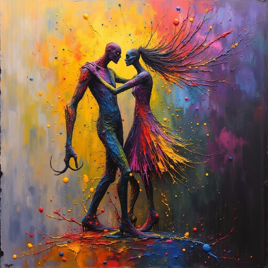 Abstract Frankenstein Couple Dancing in Dynamic Oil Paint