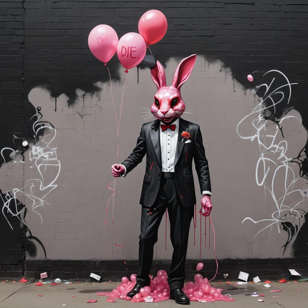 Rabbit Mask Figure with Balloon in Graffiti Style