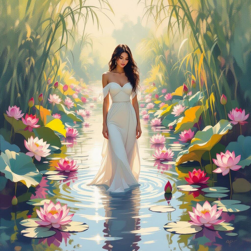 Woman in Lotus Landscape, Impressionist Style
