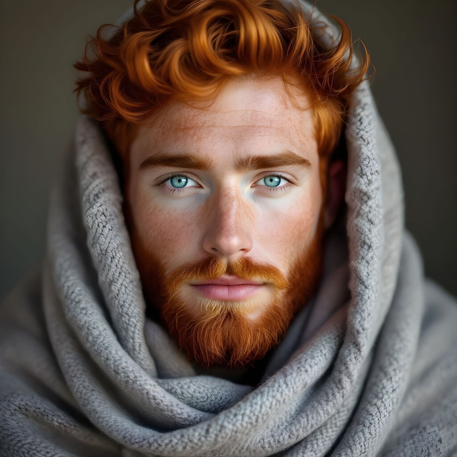 Red-Haired Man Portrait with Freckles and Blue Eyes