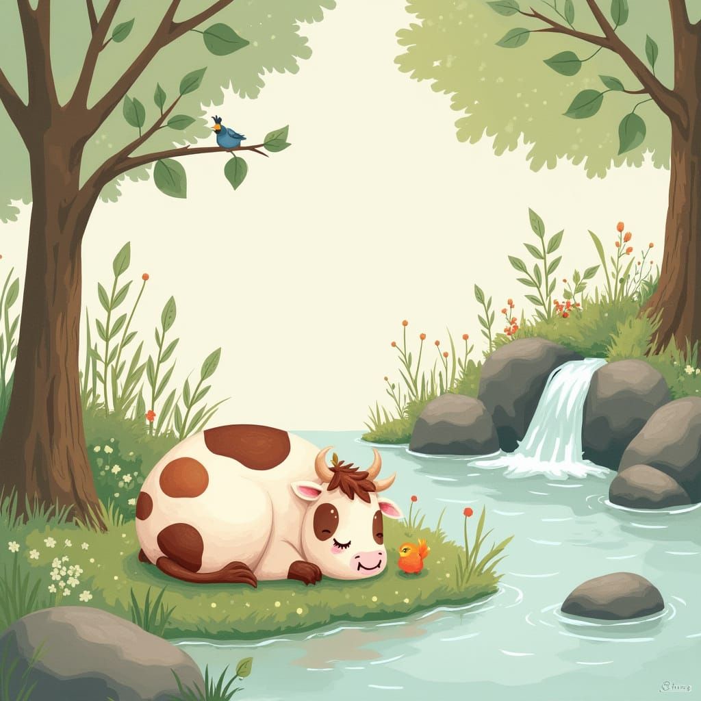 Cartoon Cow Sleeping by Waterfall: Whimsical Illustration
