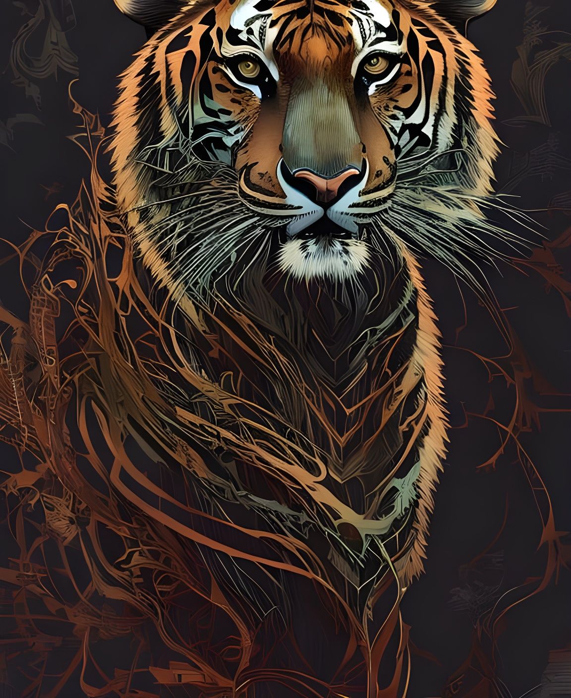 Detailed Tiger Portrait with Bronze Outlines and Aura