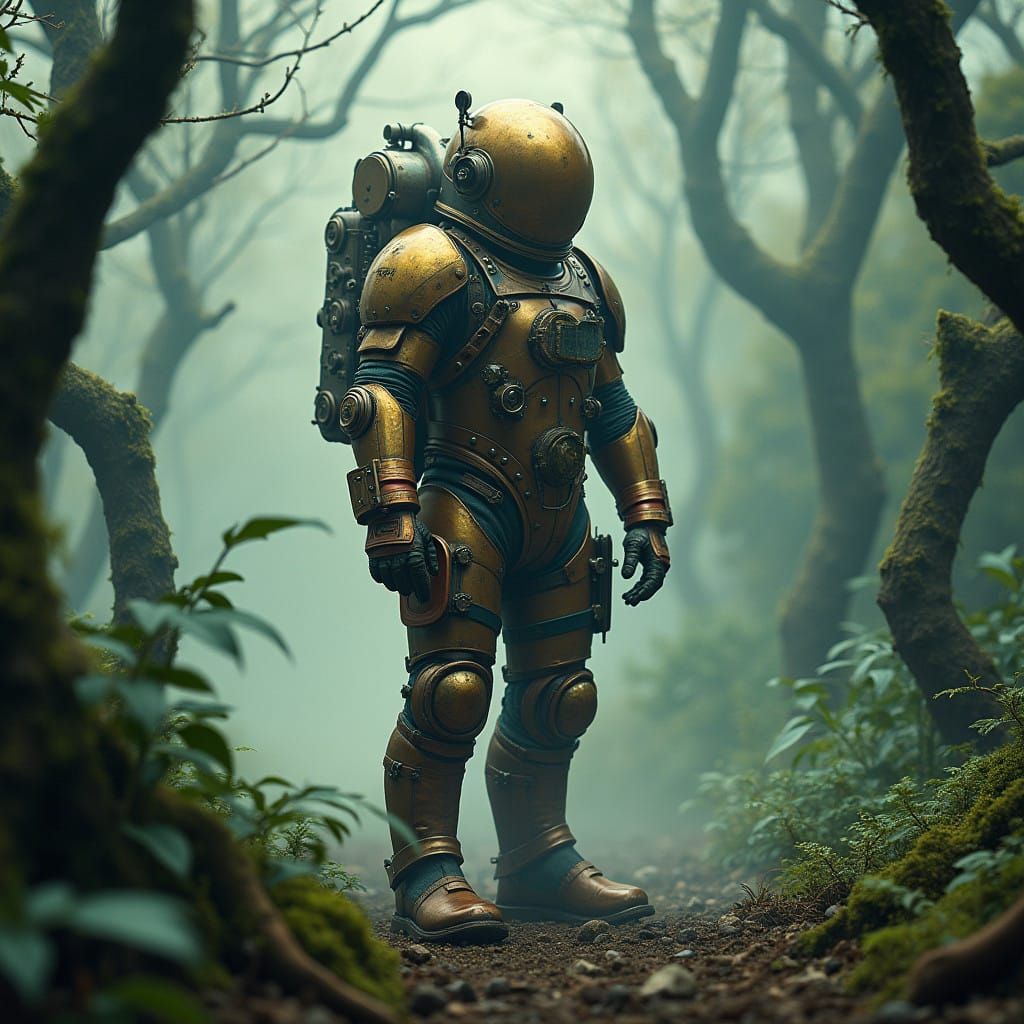 Steampunk Astronaut in Majestic, Misty Landscape