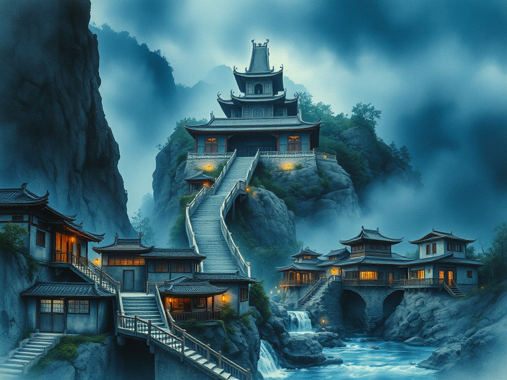 Ancient Temple Veiled in Foggy Mystery, Watercolor Ink Print...