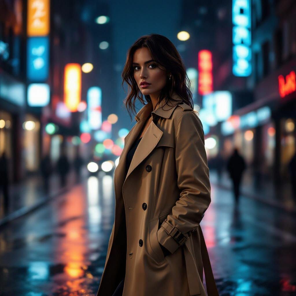 Stylish Woman in Beige Trench Coat on Rainy City Street