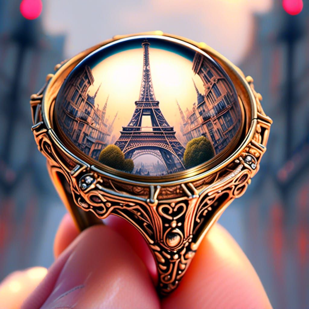 Eiffel Tower Reflection in Steampunk Sapphire Ring