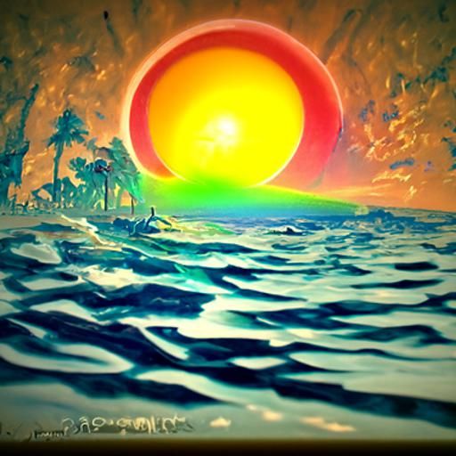 Psychedelic Rainbow Sunset Over Water: Artistic Oil Painting